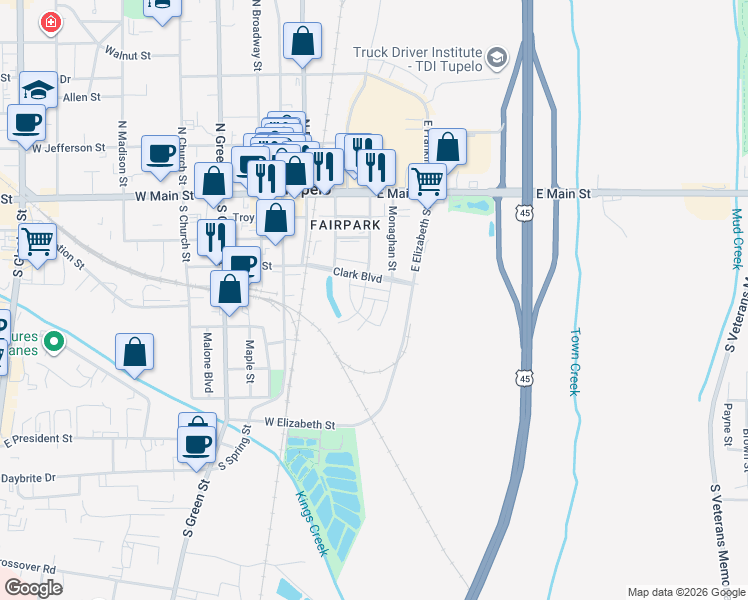 map of restaurants, bars, coffee shops, grocery stores, and more near Fairpark Drive in Tupelo