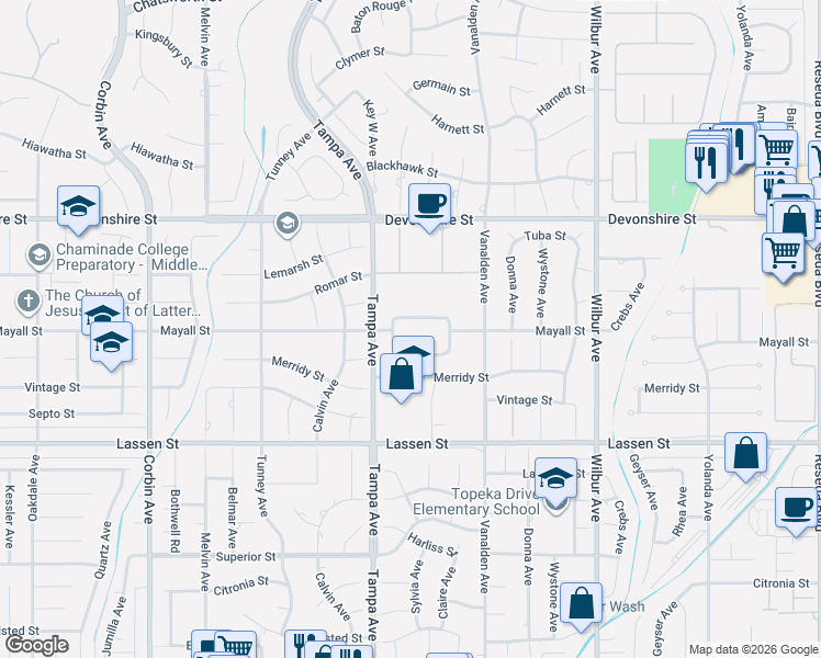 map of restaurants, bars, coffee shops, grocery stores, and more near 19222 Mayall Street in Los Angeles