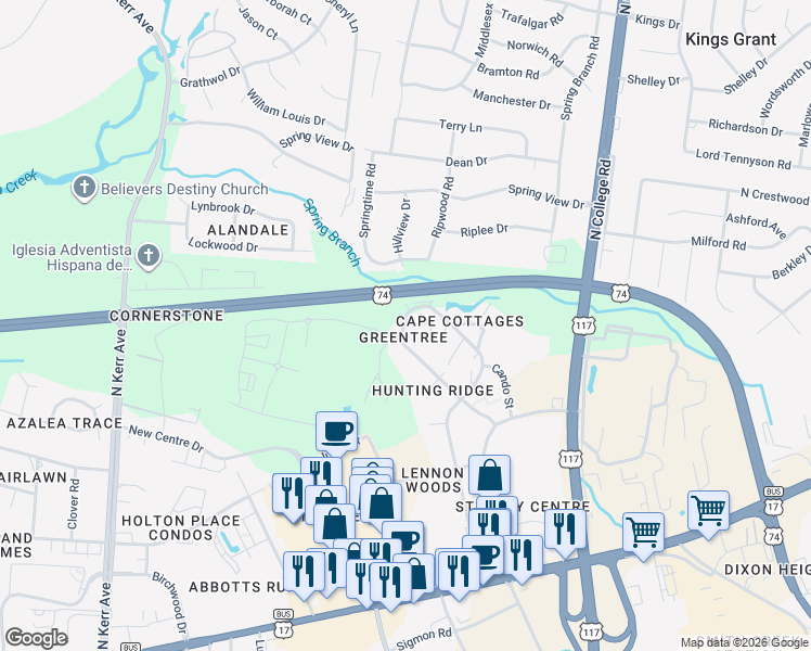 map of restaurants, bars, coffee shops, grocery stores, and more near 5019 Hunters Trail in Wilmington