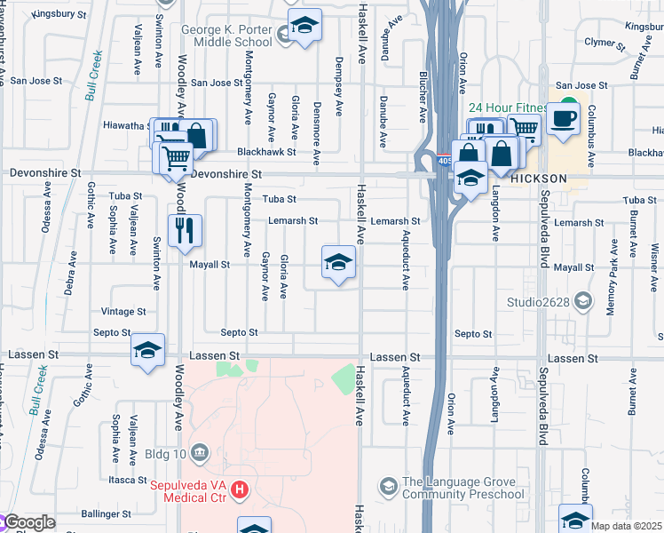 map of restaurants, bars, coffee shops, grocery stores, and more near 15831 Mayall Street in Los Angeles
