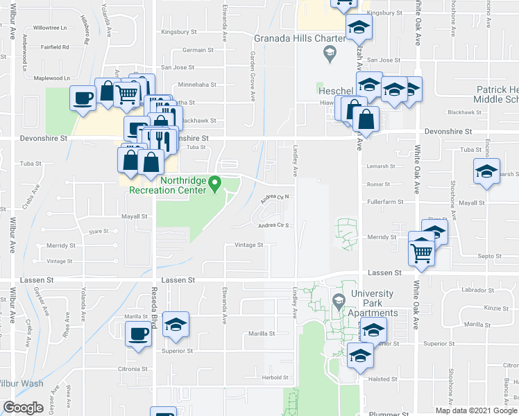 map of restaurants, bars, coffee shops, grocery stores, and more near 18175 Andrea Circle North in Los Angeles