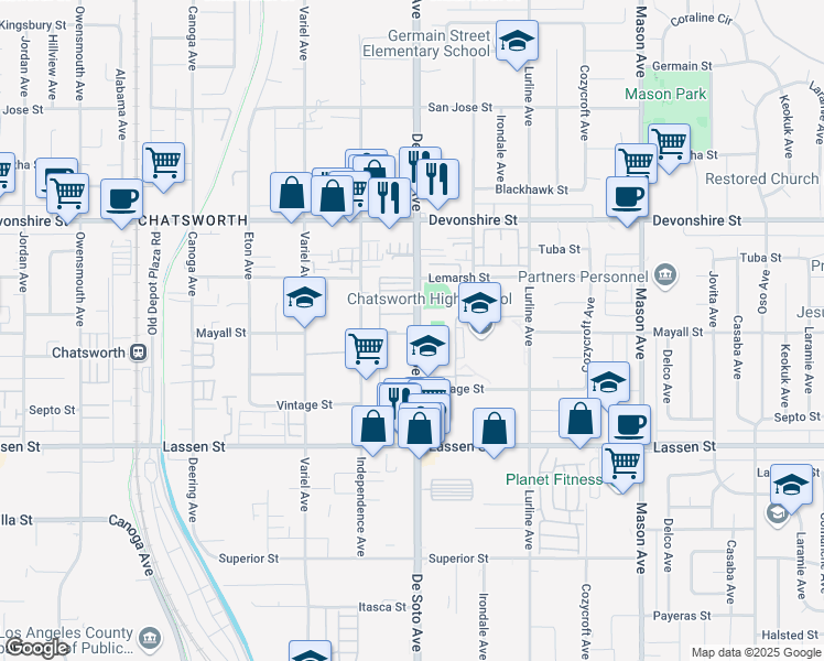 map of restaurants, bars, coffee shops, grocery stores, and more near 10125 De Soto Avenue in Los Angeles