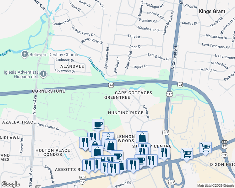 map of restaurants, bars, coffee shops, grocery stores, and more near 5019 Hunters Trail in Wilmington