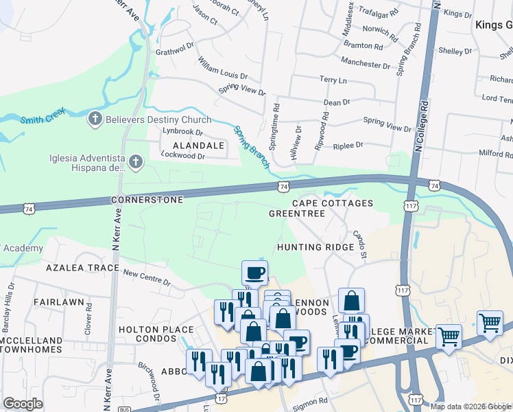 map of restaurants, bars, coffee shops, grocery stores, and more near 5012 Hunters Trail in Wilmington