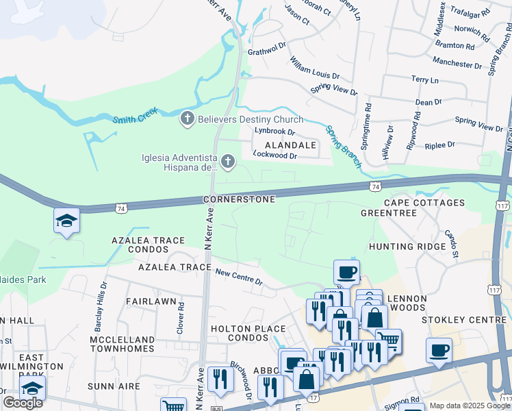 map of restaurants, bars, coffee shops, grocery stores, and more near 4527 Sagedale Drive in Wilmington