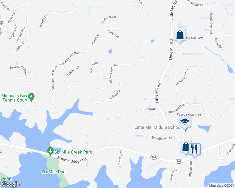 map of restaurants, bars, coffee shops, grocery stores, and more near 6280 Eidson Drive in Cumming