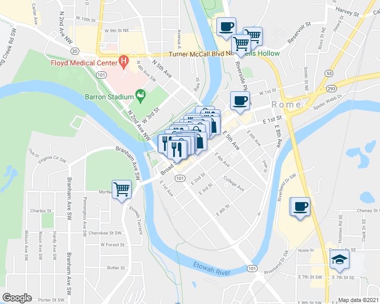 map of restaurants, bars, coffee shops, grocery stores, and more near 303 Broad Street in Rome
