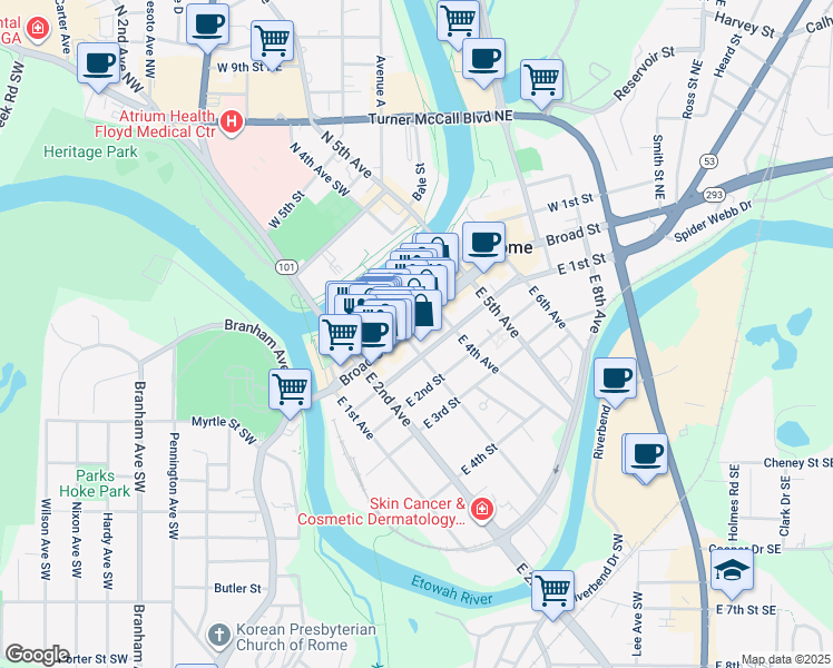 map of restaurants, bars, coffee shops, grocery stores, and more near 1 East 3rd Avenue in Rome
