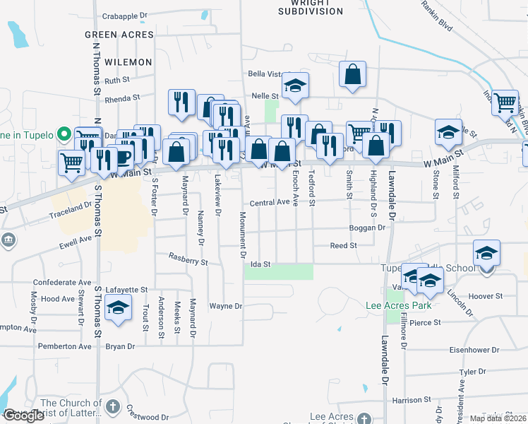 map of restaurants, bars, coffee shops, grocery stores, and more near 201 Hancock Street in Tupelo