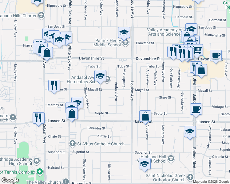 map of restaurants, bars, coffee shops, grocery stores, and more near 17402 Mayall Street in Los Angeles