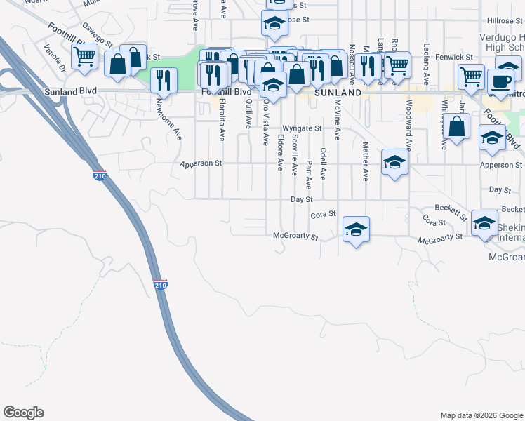 map of restaurants, bars, coffee shops, grocery stores, and more near 10143 Oro Vista Avenue in Los Angeles