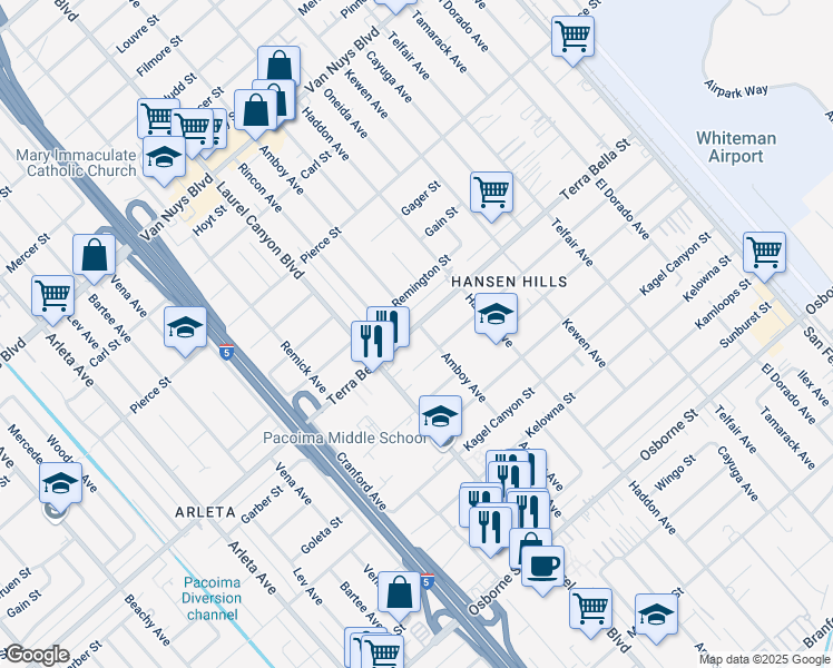 map of restaurants, bars, coffee shops, grocery stores, and more near 13344 Terra Bella Street in Los Angeles