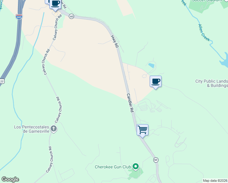 map of restaurants, bars, coffee shops, grocery stores, and more near 1536 Candler Road in Gainesville