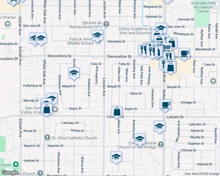 map of restaurants, bars, coffee shops, grocery stores, and more near 10053 Babbitt Avenue in Los Angeles