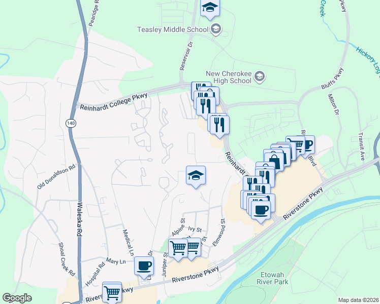 map of restaurants, bars, coffee shops, grocery stores, and more near 273 Riverstone Place in Canton