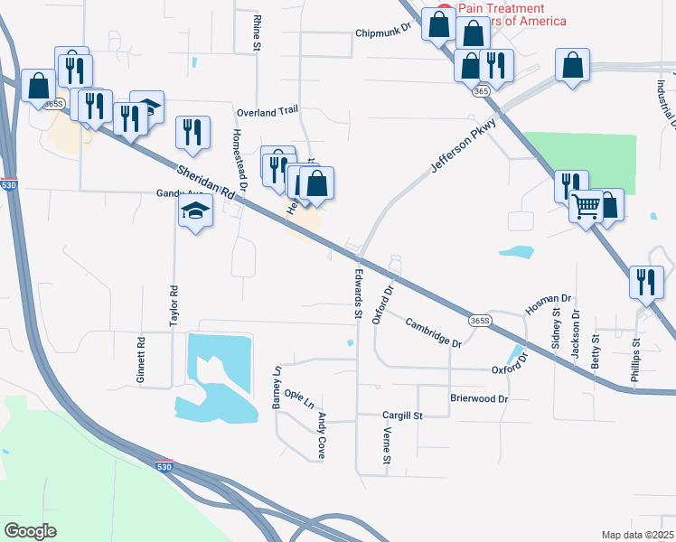 map of restaurants, bars, coffee shops, grocery stores, and more near 7250 Sheridan Road in Pine Bluff