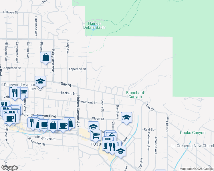 map of restaurants, bars, coffee shops, grocery stores, and more near 6557 Tokay Road in Los Angeles
