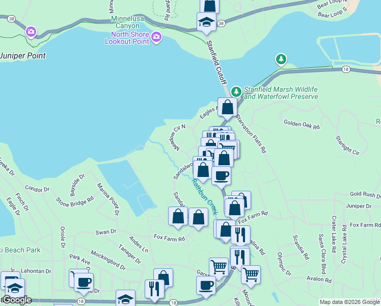 map of restaurants, bars, coffee shops, grocery stores, and more near 275 Meadow Circle North in Big Bear Lake