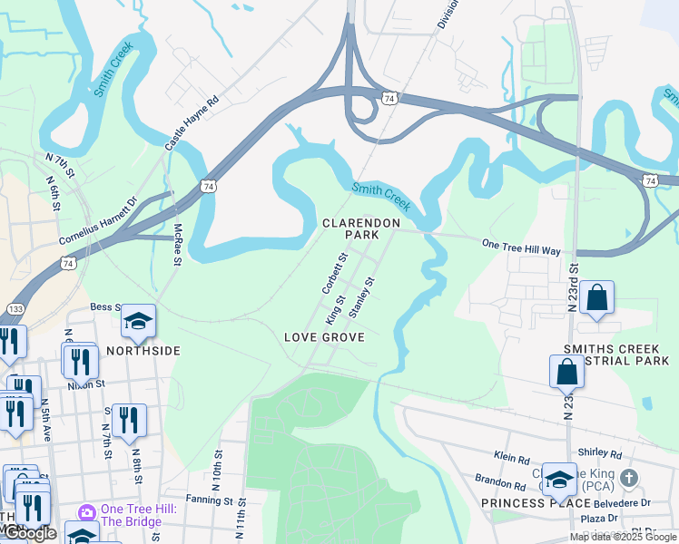 map of restaurants, bars, coffee shops, grocery stores, and more near 1504 King Street in Wilmington