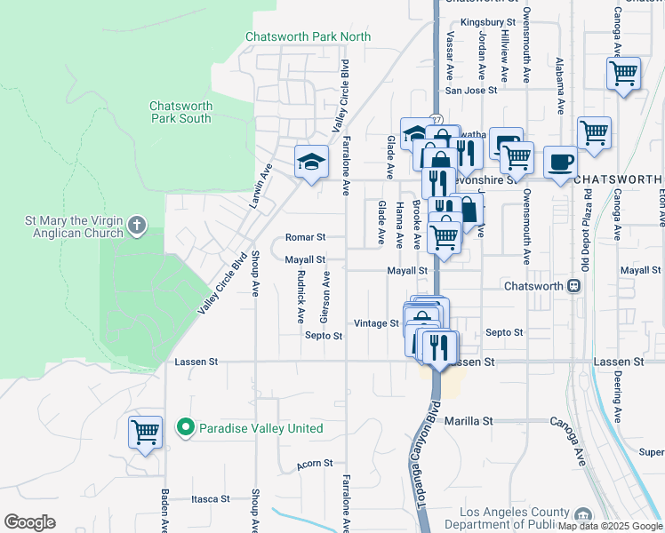 map of restaurants, bars, coffee shops, grocery stores, and more near 22216 Mayall Street in Chatsworth