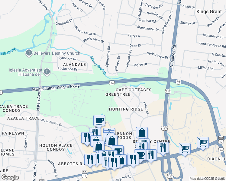 map of restaurants, bars, coffee shops, grocery stores, and more near 5019 Hunters Trail in Wilmington