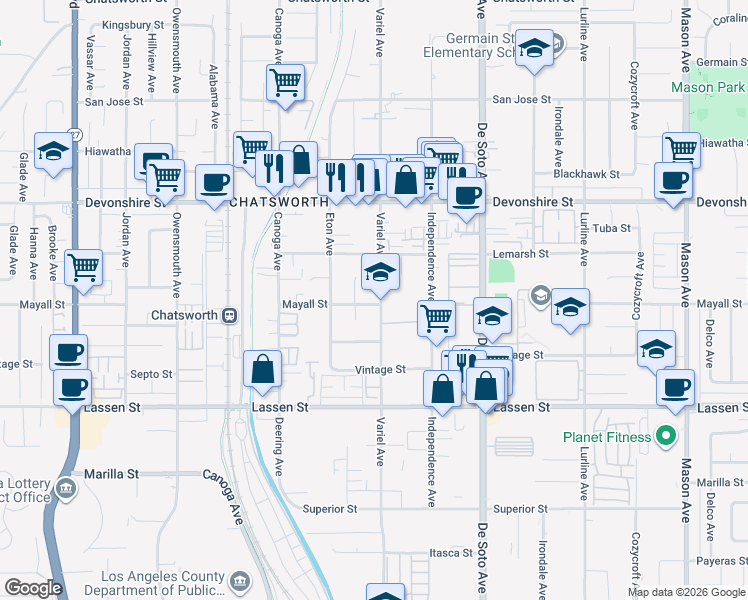 map of restaurants, bars, coffee shops, grocery stores, and more near 10111 Variel Avenue in Los Angeles
