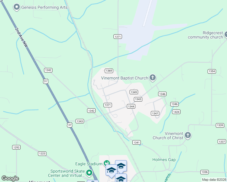 map of restaurants, bars, coffee shops, grocery stores, and more near 546 County Road 1344 in Vinemont