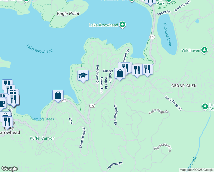 map of restaurants, bars, coffee shops, grocery stores, and more near 229 Oak Drive in Lake Arrowhead