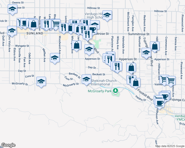 map of restaurants, bars, coffee shops, grocery stores, and more near 7751 Beckett Street in Los Angeles