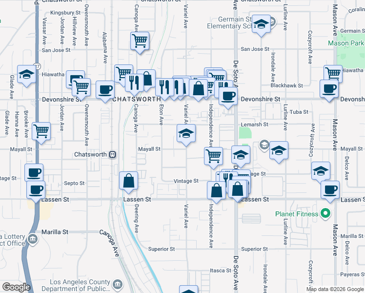 map of restaurants, bars, coffee shops, grocery stores, and more near 10111 Variel Avenue in Los Angeles