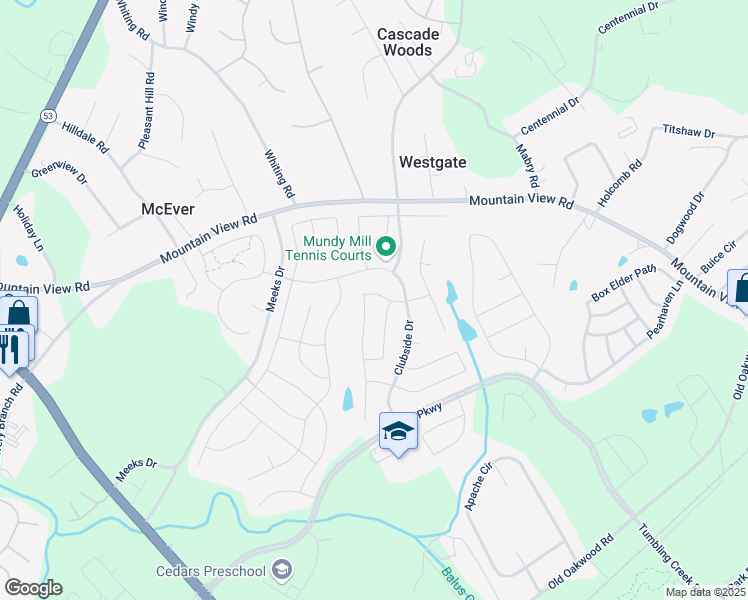 map of restaurants, bars, coffee shops, grocery stores, and more near 4443 Big Rock Ridge Trail in Gainesville