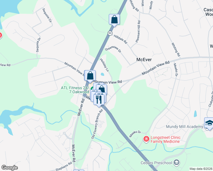 map of restaurants, bars, coffee shops, grocery stores, and more near 3925 Mountain View Road in Oakwood