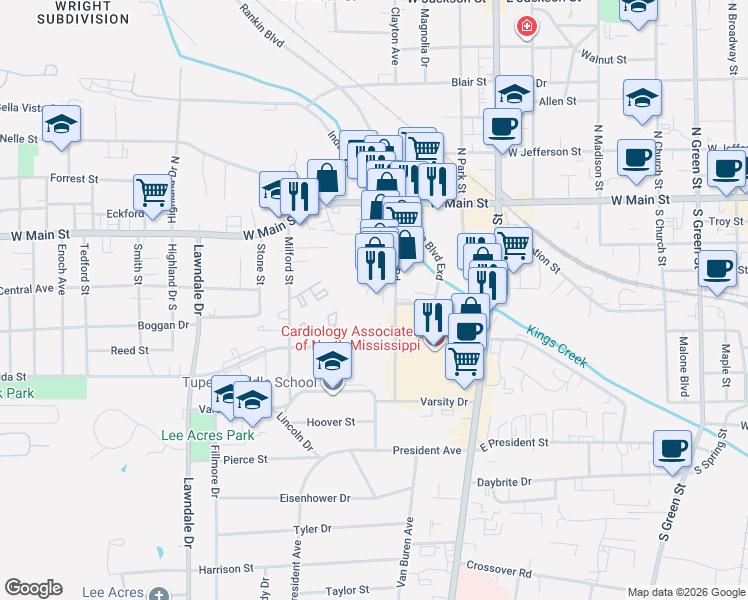 map of restaurants, bars, coffee shops, grocery stores, and more near in Tupelo
