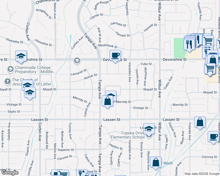 map of restaurants, bars, coffee shops, grocery stores, and more near 19222 Mayall Street in Los Angeles