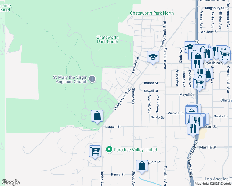 map of restaurants, bars, coffee shops, grocery stores, and more near 10068 Larwin Avenue in Los Angeles