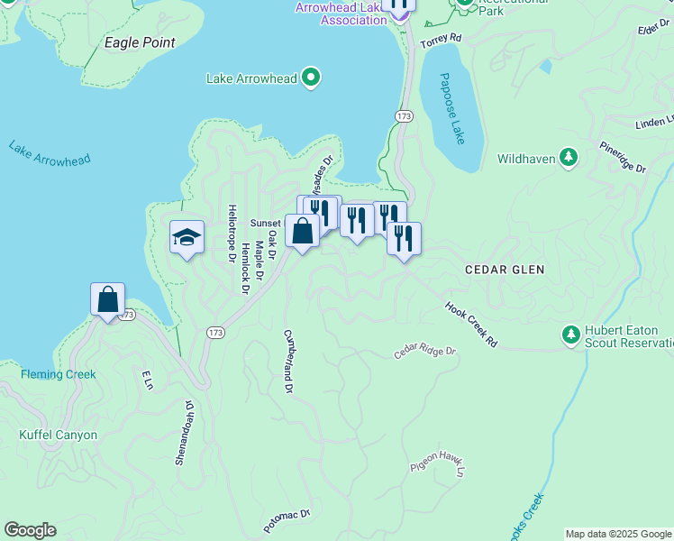 map of restaurants, bars, coffee shops, grocery stores, and more near 218 Ponderosa Dr in Lake Arrowhead