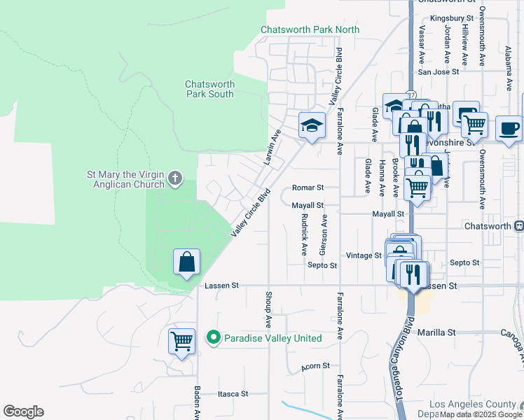 map of restaurants, bars, coffee shops, grocery stores, and more near 10112 Valley Circle Boulevard in Los Angeles