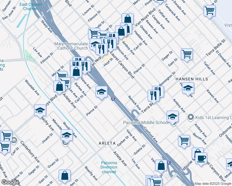 map of restaurants, bars, coffee shops, grocery stores, and more near 13728 Pierce Street in Los Angeles