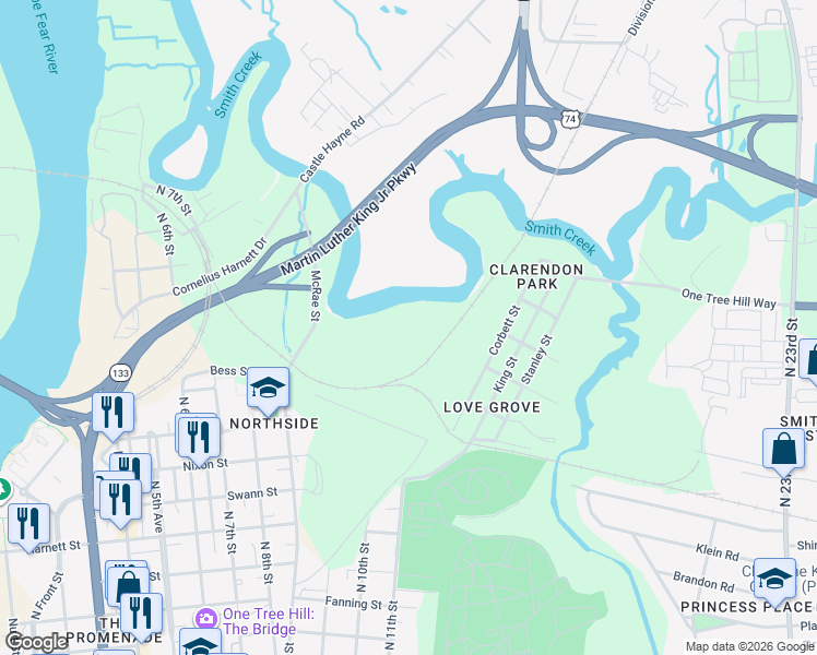 map of restaurants, bars, coffee shops, grocery stores, and more near 1751 Corbett Street in Wilmington