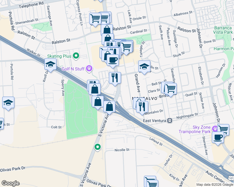map of restaurants, bars, coffee shops, grocery stores, and more near 2199 South Victoria Avenue in Ventura