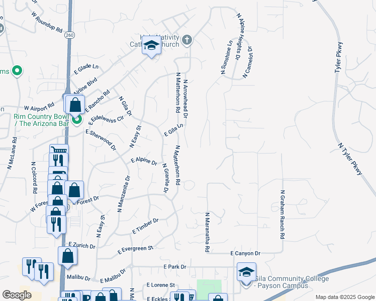 map of restaurants, bars, coffee shops, grocery stores, and more near 1001 North Arrowhead Drive in Payson