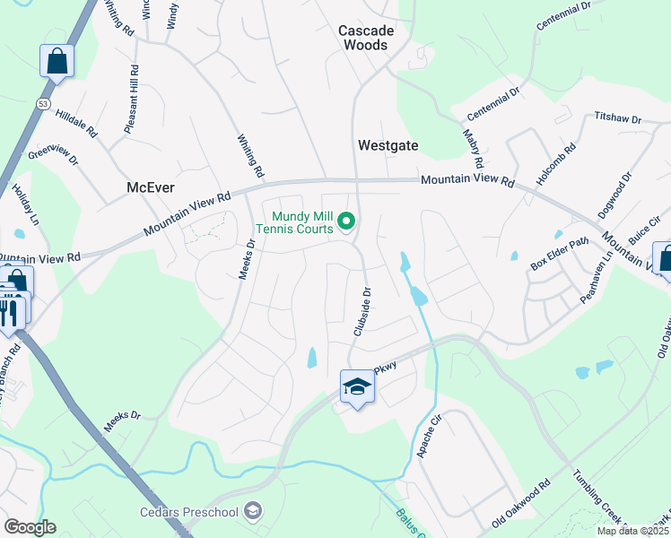 map of restaurants, bars, coffee shops, grocery stores, and more near 4443 Big Rock Ridge Trail in Gainesville