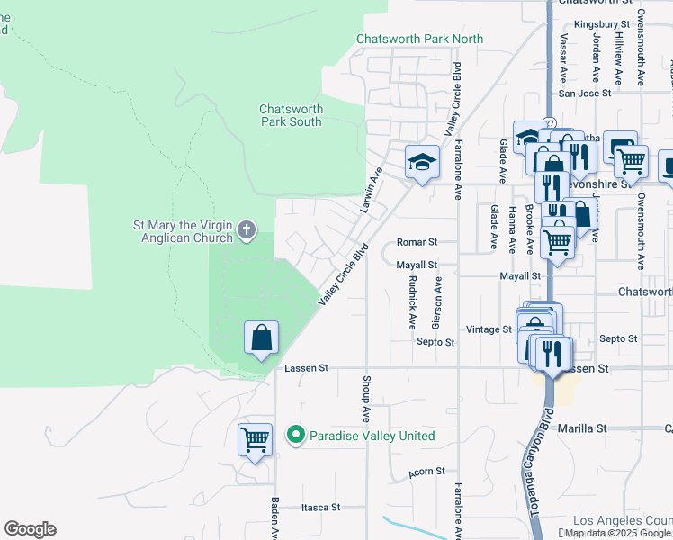 map of restaurants, bars, coffee shops, grocery stores, and more near 10140 Larwin Avenue in Los Angeles