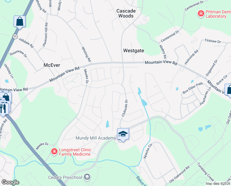 map of restaurants, bars, coffee shops, grocery stores, and more near 4443 Big Rock Ridge Trail in Gainesville