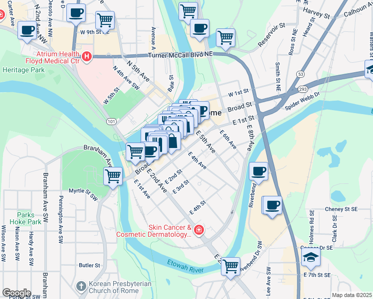 map of restaurants, bars, coffee shops, grocery stores, and more near E 1st St & E 4th Ave in Rome