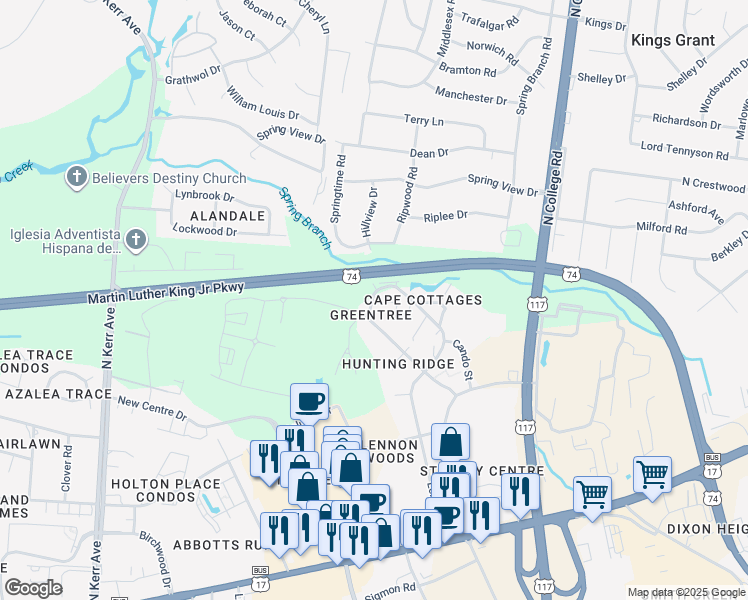 map of restaurants, bars, coffee shops, grocery stores, and more near 5019 Hunters Trail in Wilmington
