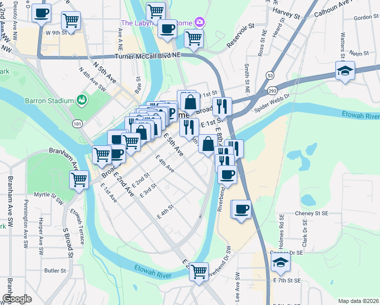 map of restaurants, bars, coffee shops, grocery stores, and more near 500 East 2nd Street in Rome