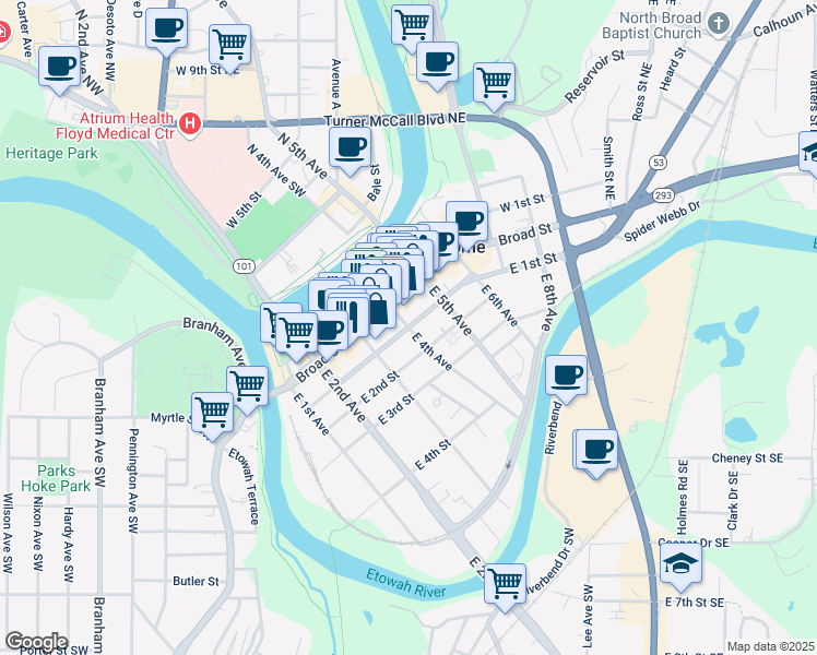 map of restaurants, bars, coffee shops, grocery stores, and more near E 1st St & E 4th Ave in Rome
