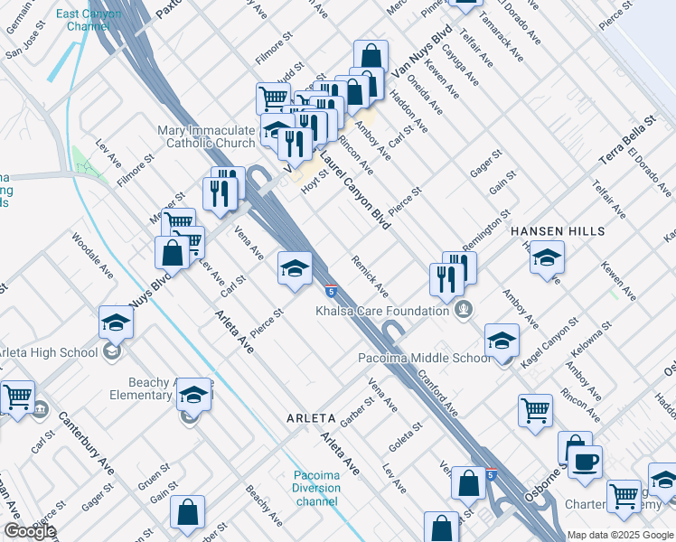map of restaurants, bars, coffee shops, grocery stores, and more near 13722 Pierce Street in Los Angeles