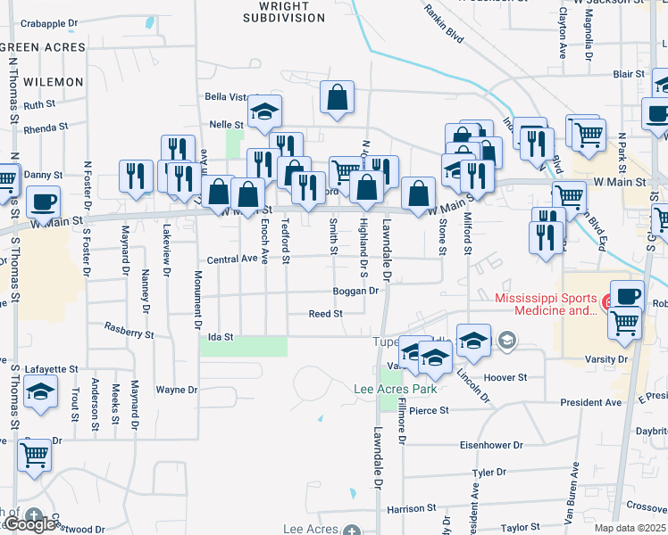 map of restaurants, bars, coffee shops, grocery stores, and more near 299 Smith Street in Tupelo